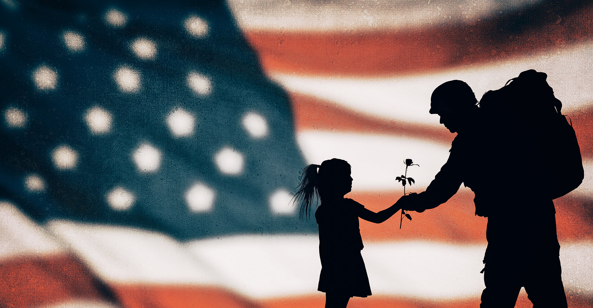 American soldier silhouette on the american flag