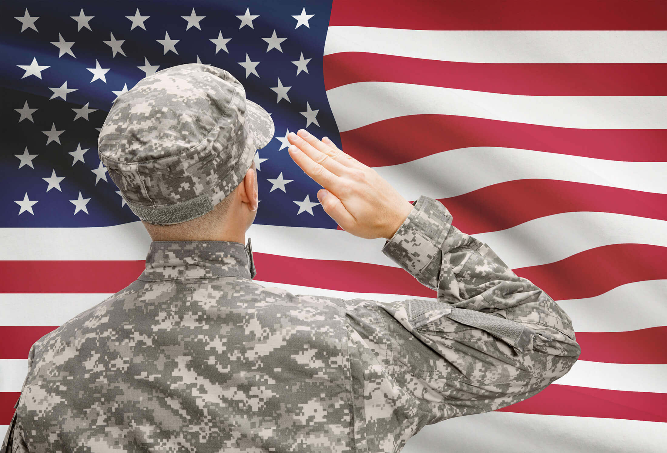 Soldier in hat facing national flag